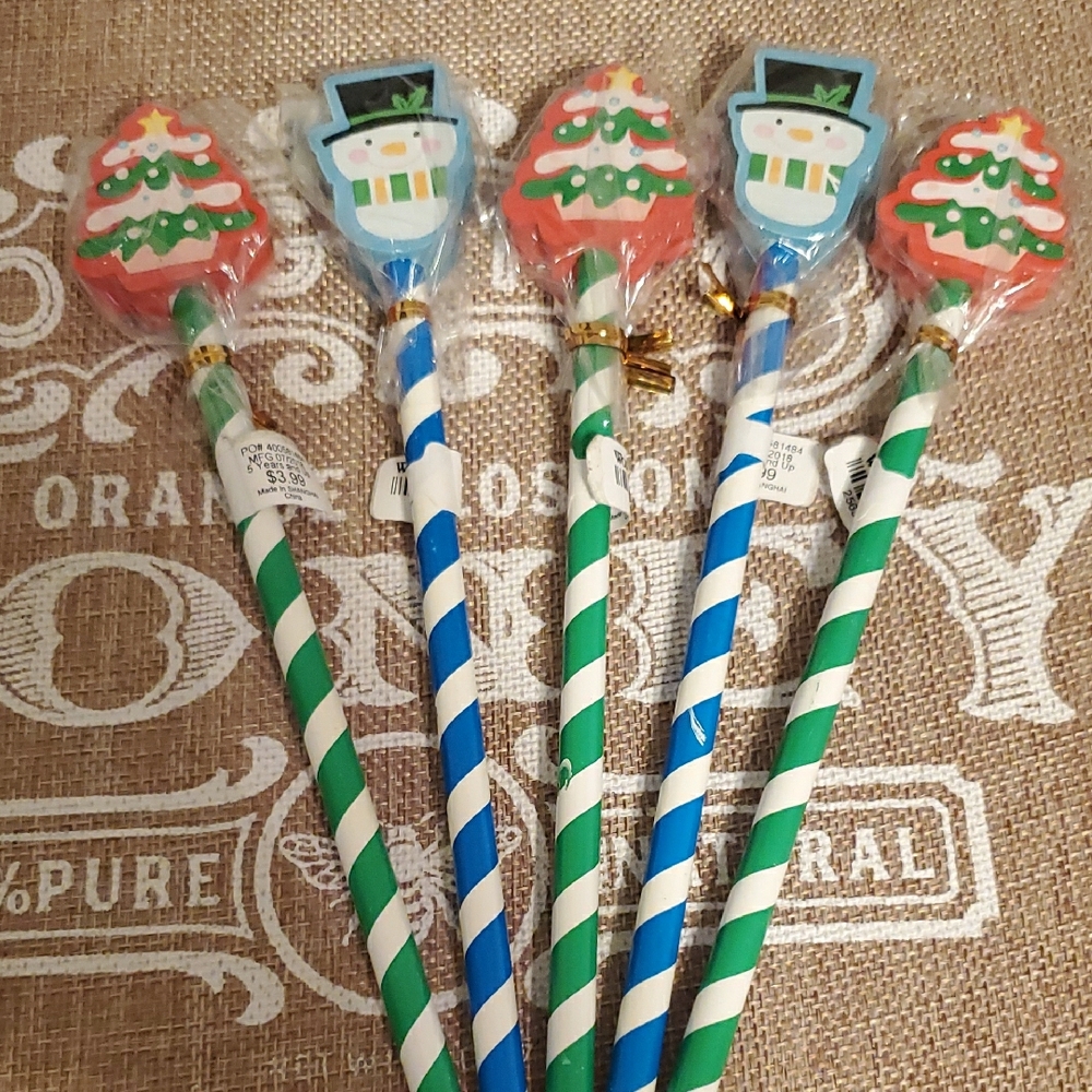 Festive Christmas Pencils & Erasers - Red, Blue, Green